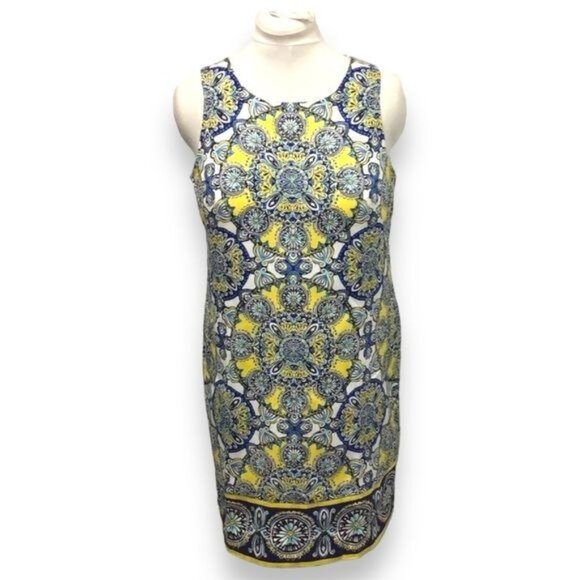 London Times Women’s Kaleidoscope Knee Length Sheath Dress, Blue/Yellow, sz 12 - Picture 1 of 6